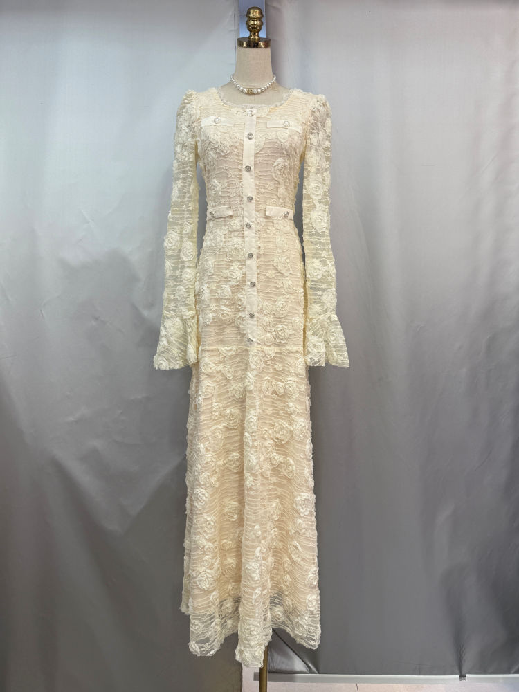 TWOTWINSTYLE Round Neck Long Sleeve Patchwork Lace Elegant Dress