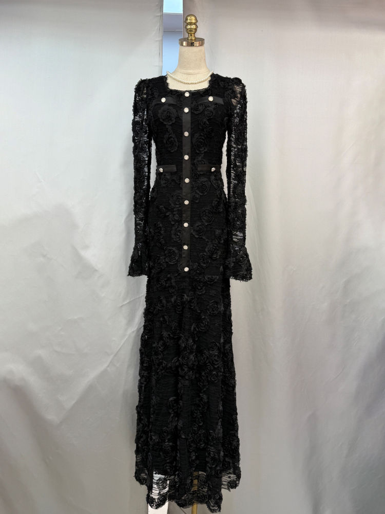 TWOTWINSTYLE Round Neck Long Sleeve Patchwork Lace Elegant Dress