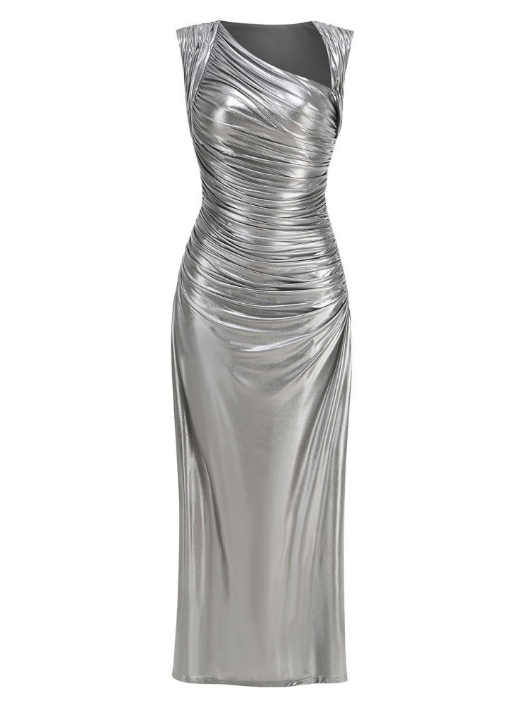 TWOTWINSTYLE Sleeveles Irregular Neckline Ruched Chic Dress