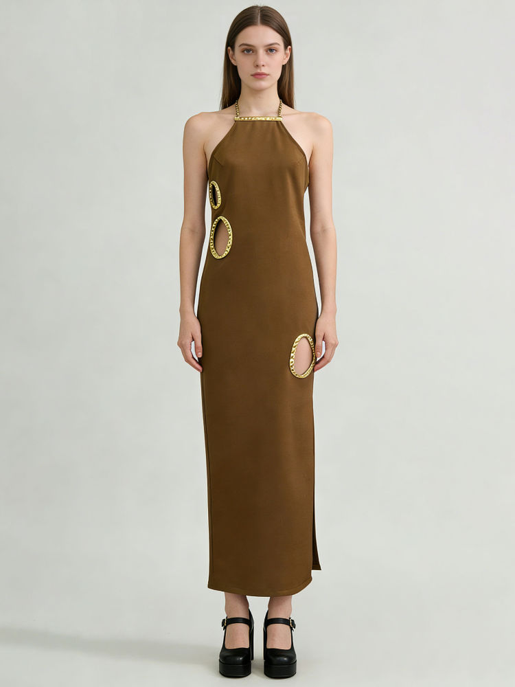 TWOTWINSTYLE Solid Backless Side Split Fashion Midi Dress