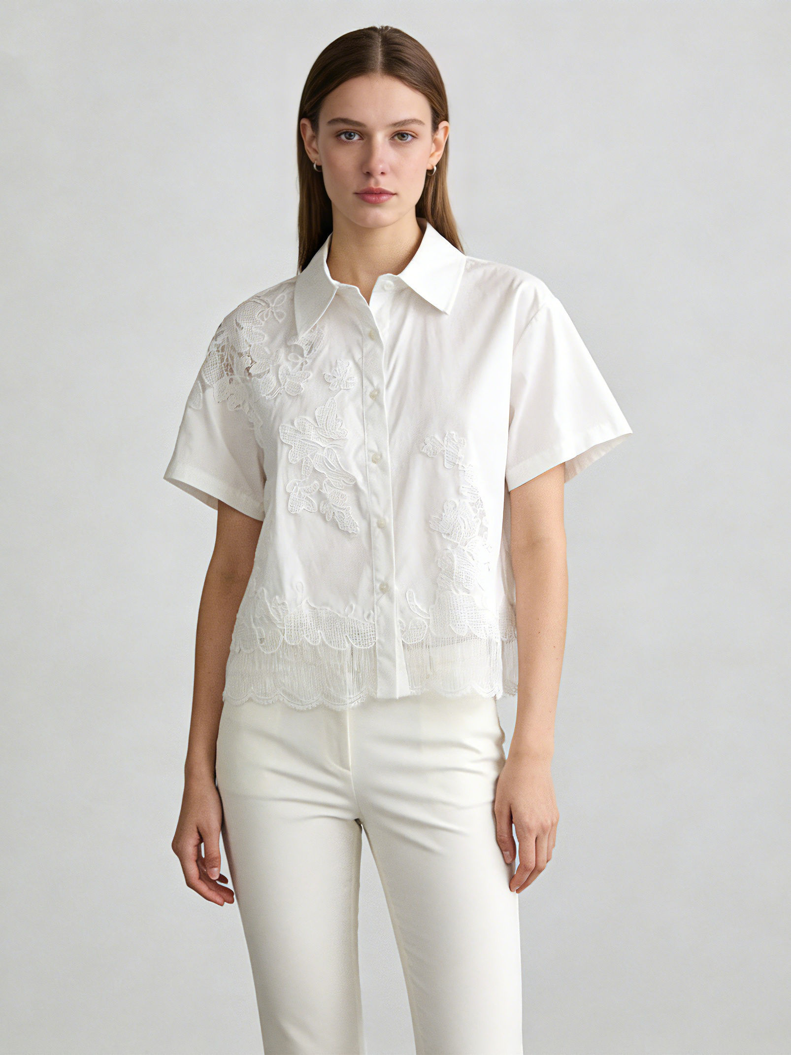 TWOTWINSTYLE Solid Lapel Patchwork Lace Casual Shirt