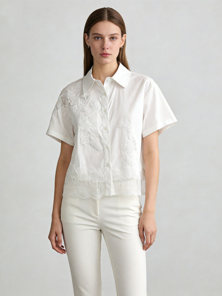 TWOTWINSTYLE Solid Lapel Patchwork Lace Casual Shirt