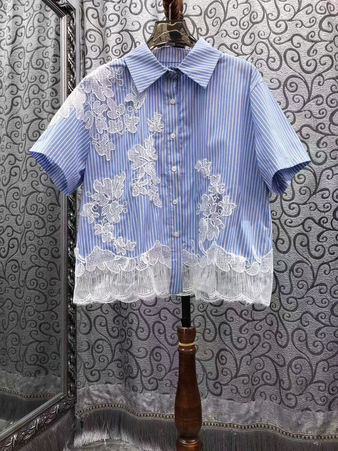 TWOTWINSTYLE Solid Lapel Patchwork Lace Casual Shirt