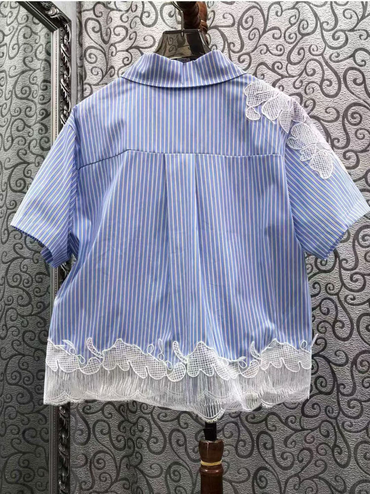 TWOTWINSTYLE Solid Lapel Patchwork Lace Casual Shirt