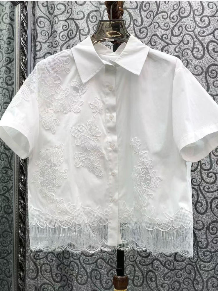 TWOTWINSTYLE Solid Lapel Patchwork Lace Casual Shirt