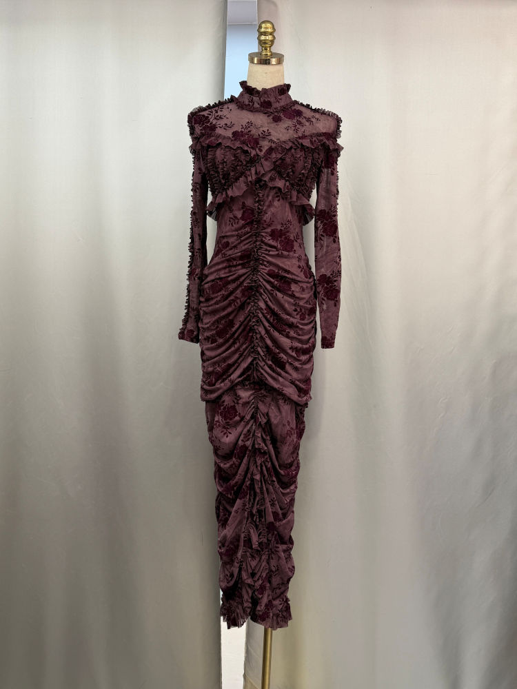 TWOTWINSTYLE Stand Collar Pleated Slit Vintage Midi Dress