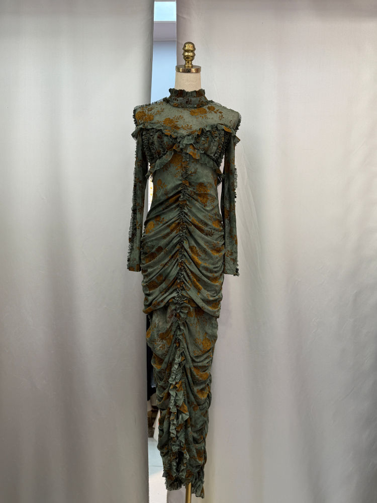 TWOTWINSTYLE Stand Collar Pleated Slit Vintage Midi Dress
