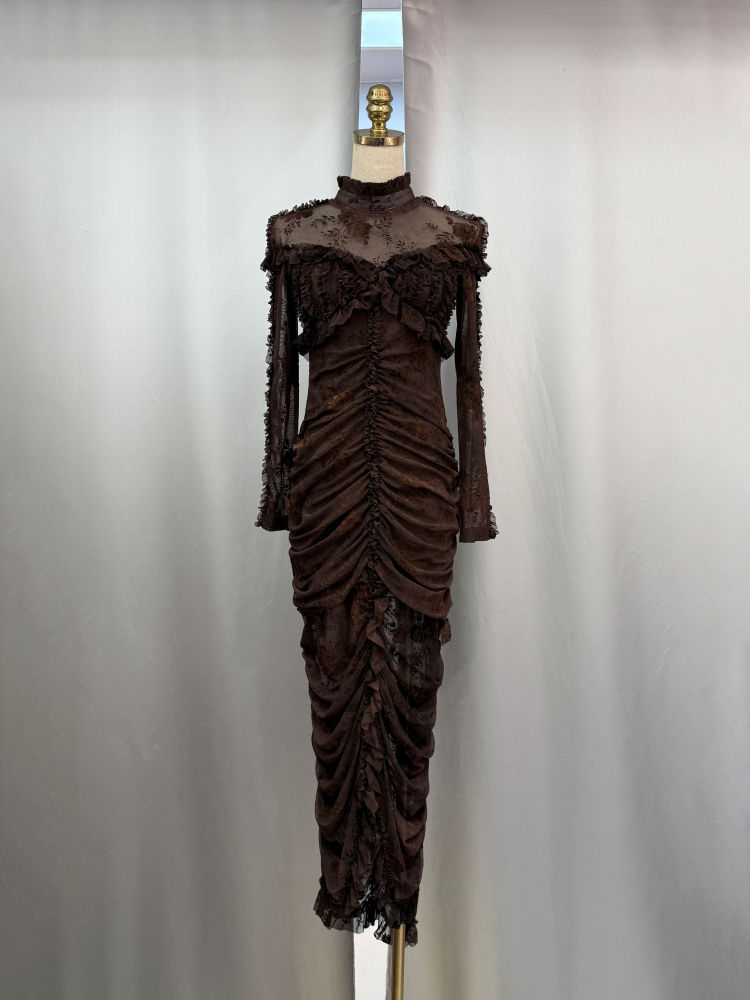 TWOTWINSTYLE Stand Collar Pleated Slit Vintage Midi Dress