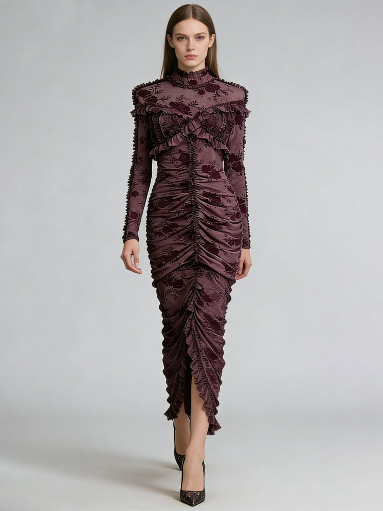 TWOTWINSTYLE Stand Collar Pleated Slit Vintage Midi Dress