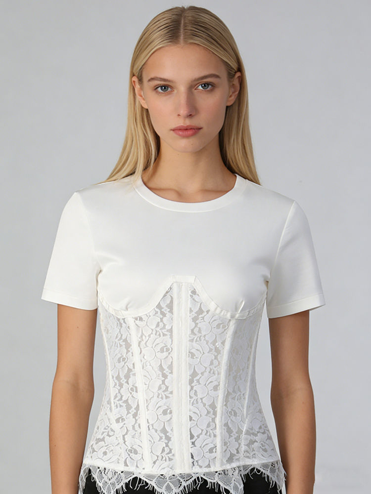 TWOTWINSTYLE Solid Spliced Lace Slimming Chic T Shirt