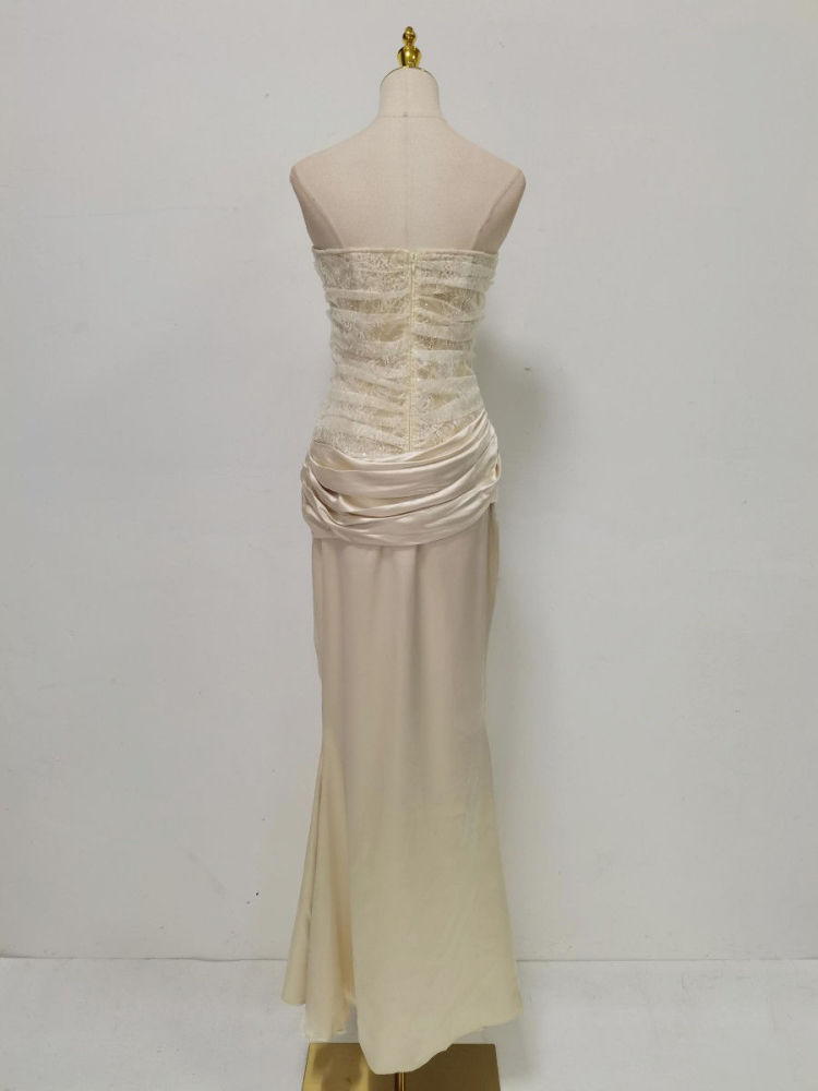 TWOTWINSTYLE Patchwork Lace Pleated Strapless Elegant Dress