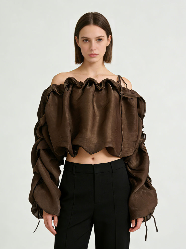 TWOTWINSTYLE Off Shoulder Long Sleeve Pleated Vintage Crop Top