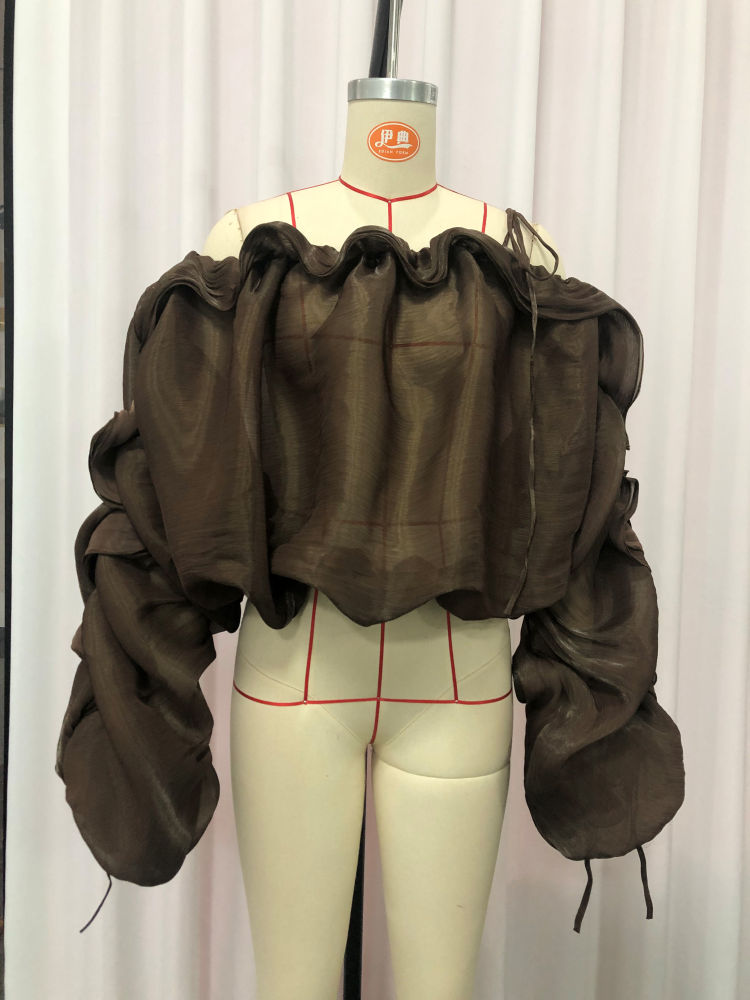 TWOTWINSTYLE Off Shoulder Long Sleeve Pleated Vintage Crop Top