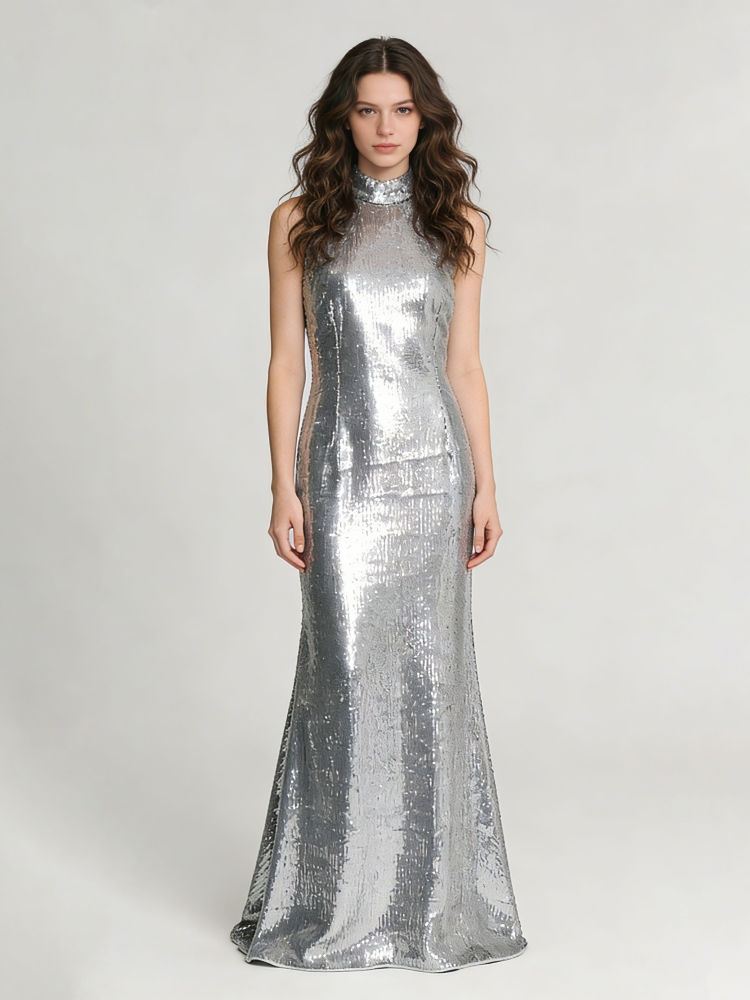 TWOTWINSTYLE Sleeveles Stand Collar Spliced Sequins Designer Dress