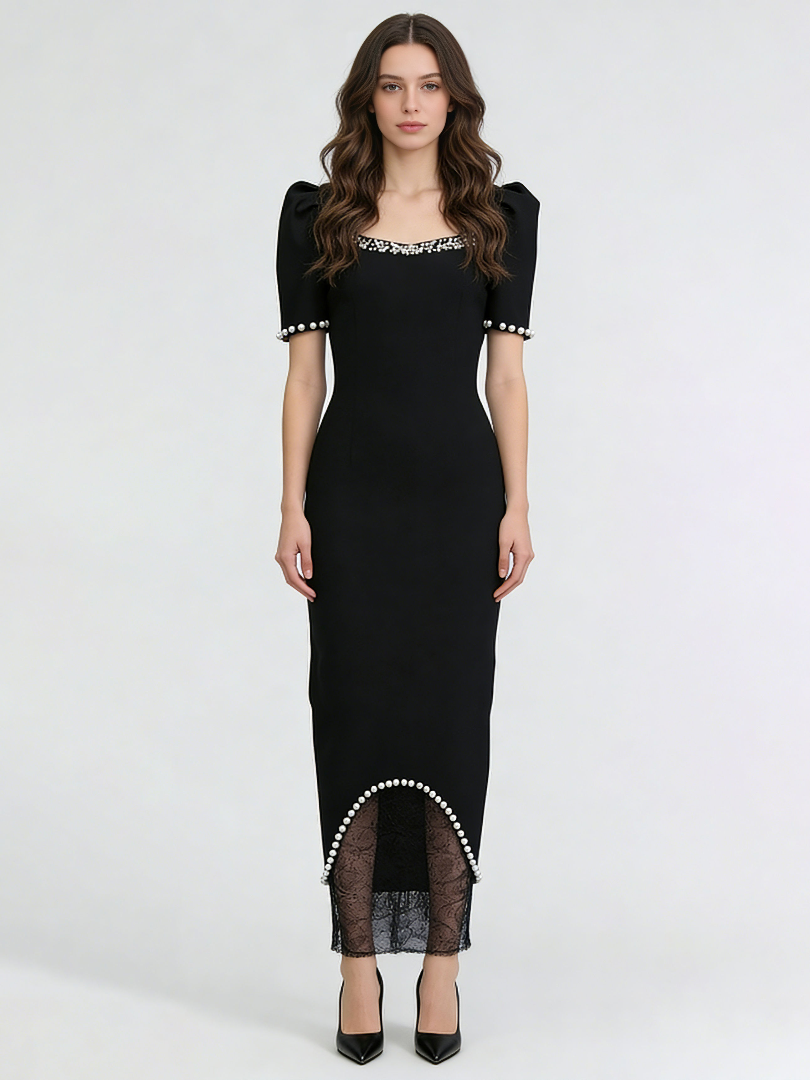 TWOTWINSTYLE Square Neckline Spliced Pearl Lace Fashion Dress