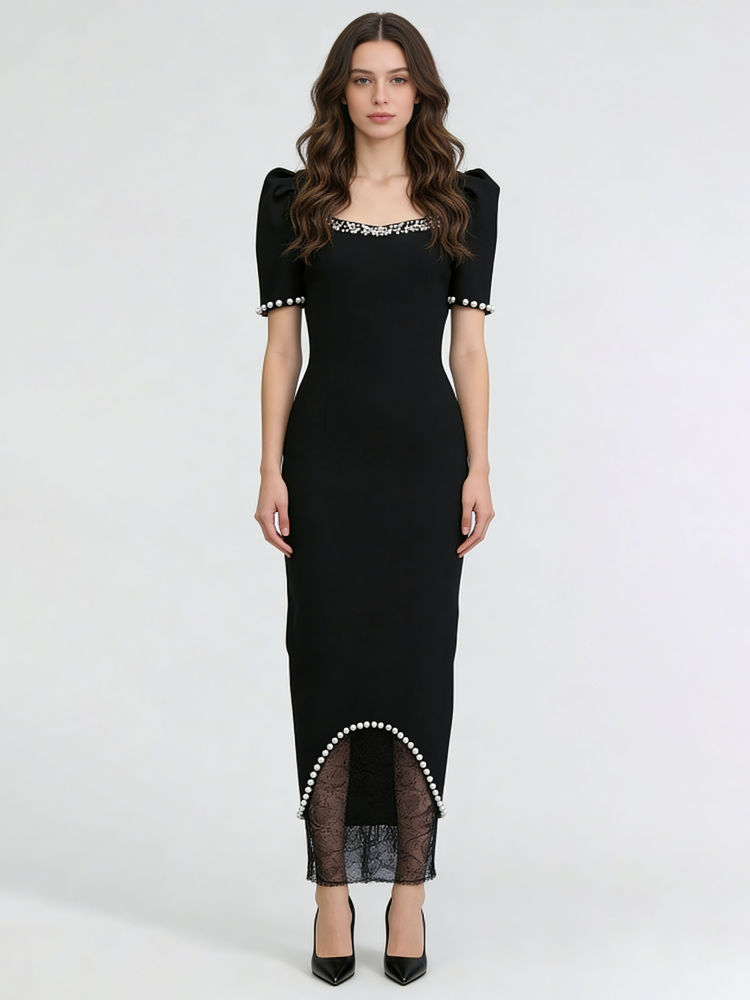 TWOTWINSTYLE Square Neckline Spliced Pearl Lace Fashion Dress