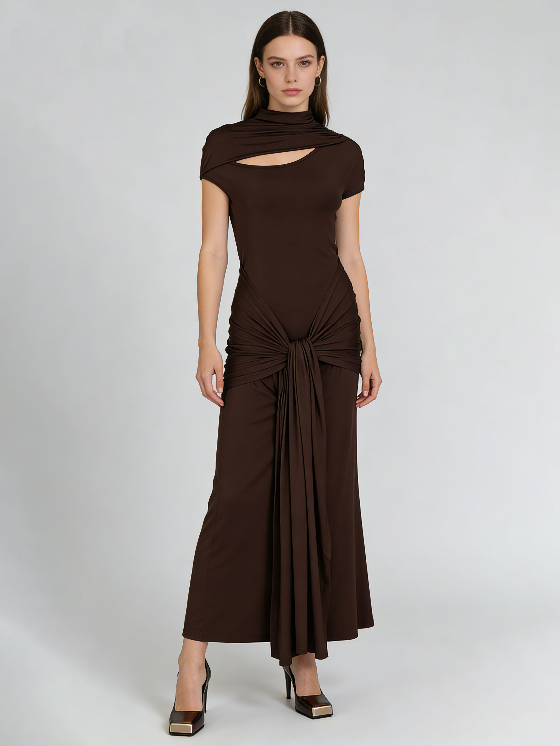TWOTWINSTYLE Stand Collar Hollow Out Spliced Lace Up Vintage Dress