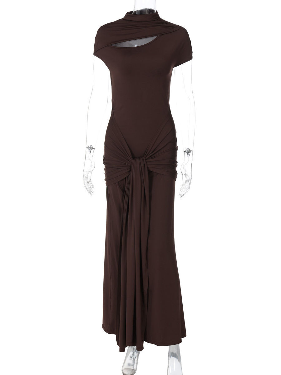 TWOTWINSTYLE Stand Collar Hollow Out Spliced Lace Up Vintage Dress