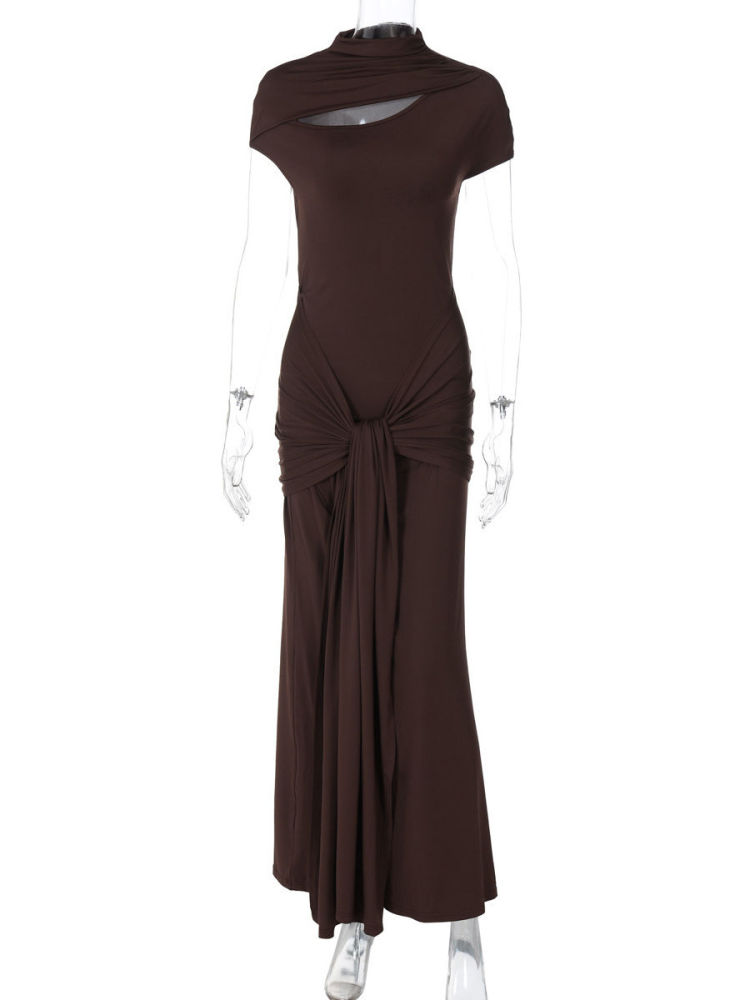 TWOTWINSTYLE Stand Collar Hollow Out Spliced Lace Up Vintage Dress