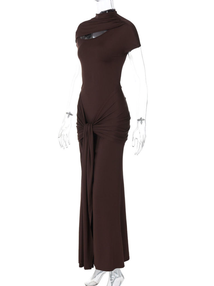 TWOTWINSTYLE Stand Collar Hollow Out Spliced Lace Up Vintage Dress