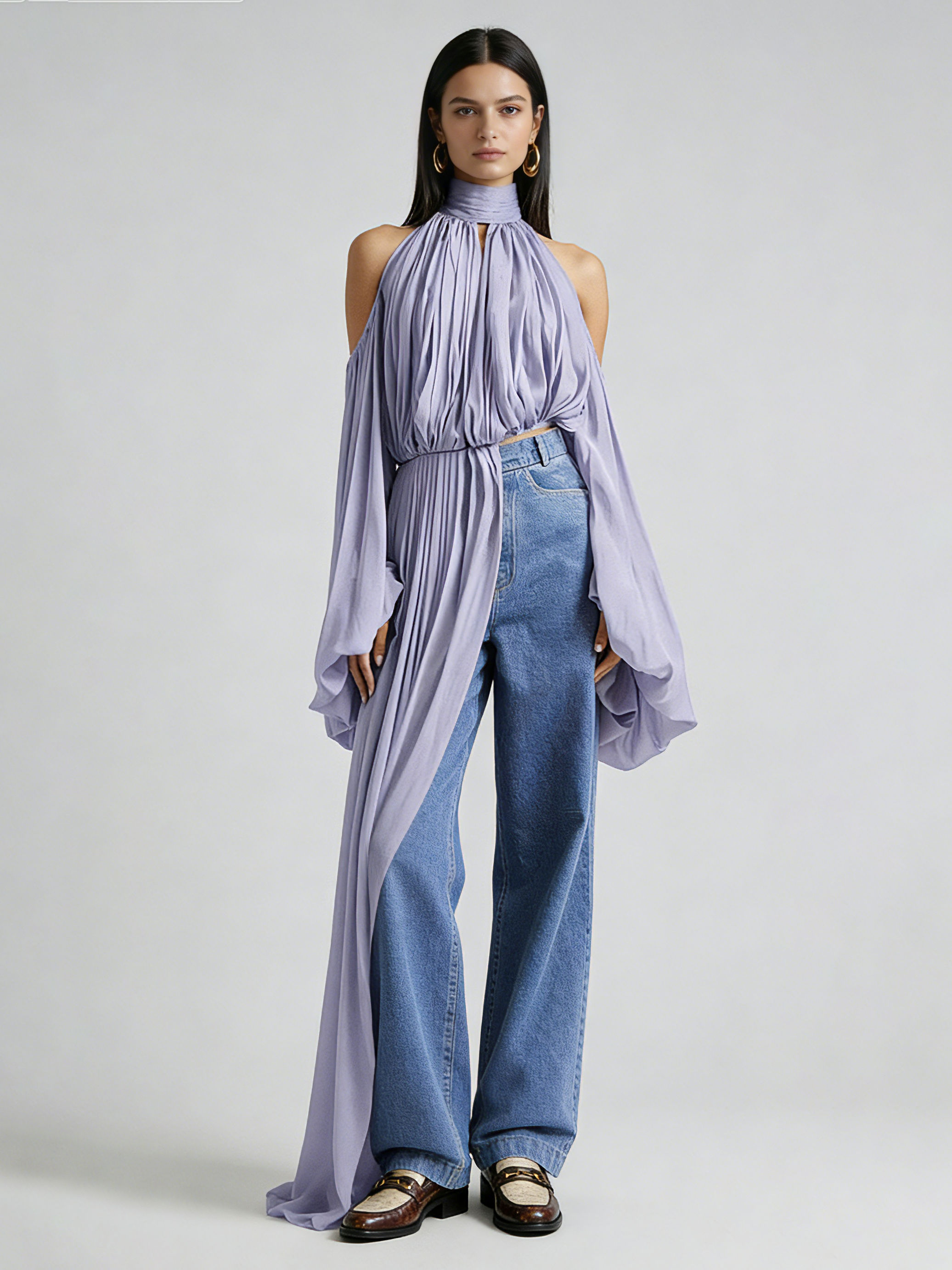 TWOTWINSTYLE Stand Collar Off Shoulder Irregular Hem Chic Shirt
