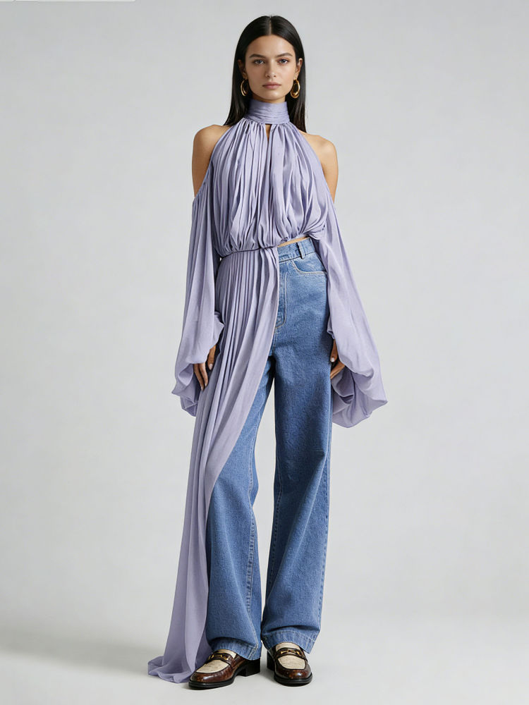 TWOTWINSTYLE Stand Collar Off Shoulder Irregular Hem Chic Shirt