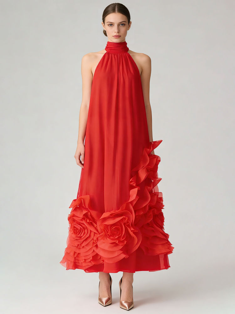TWOTWINSTYLE Stand Collar Patchwork 3D Flower Chic Midi Dress