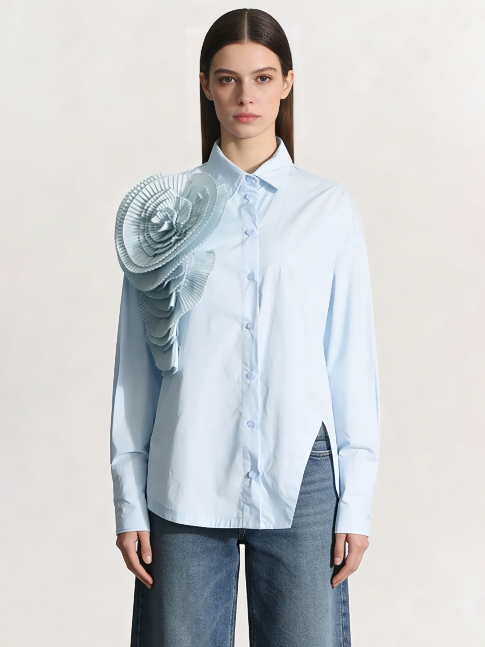 TWOTWINSTYLE Lapel Irregular Hem Spliced 3D Flower Casual Shirt