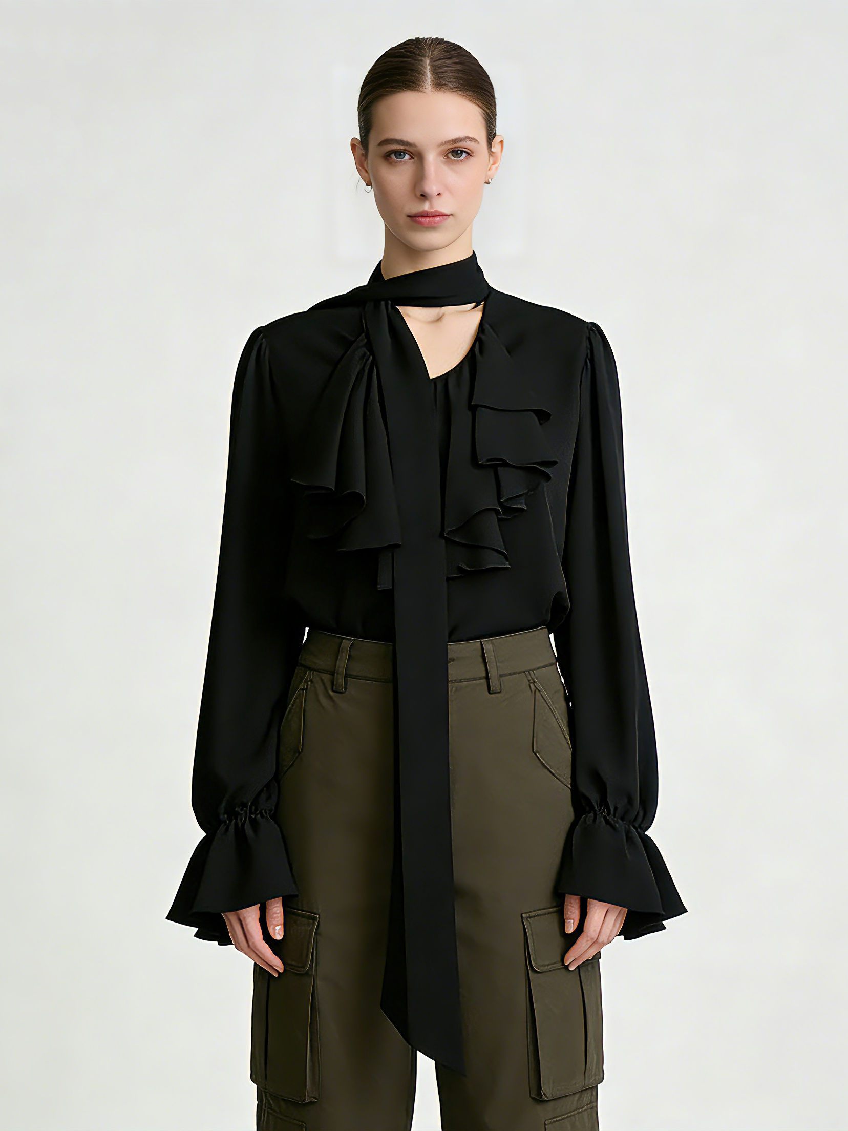 TWOTWINSTYLE Solid Spliced Lace Up Bell Sleeve Casual Shirt