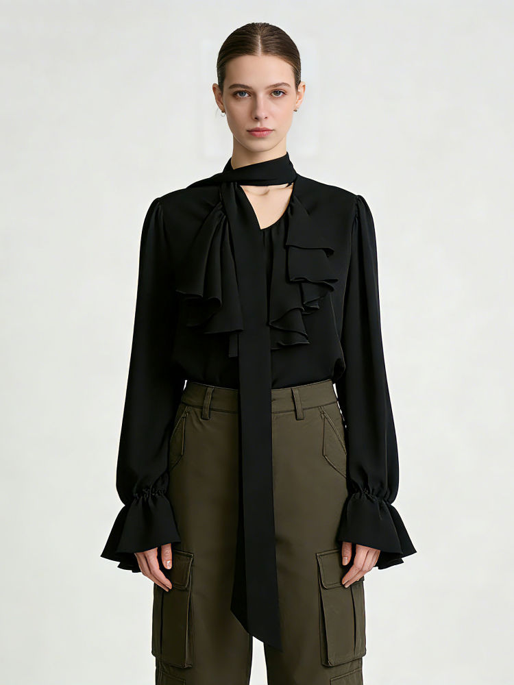 TWOTWINSTYLE Solid Spliced Lace Up Bell Sleeve Casual Shirt