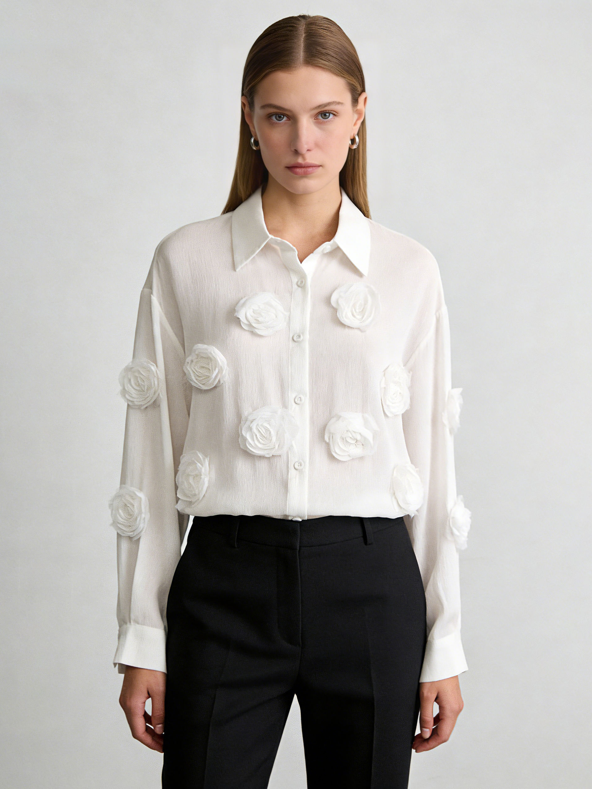 TWOTWINSTYLE Solid Lapel Patchwork 3D Flower Designer Shirt