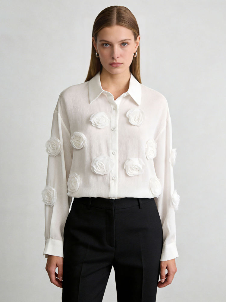TWOTWINSTYLE Solid Lapel Patchwork 3D Flower Designer Shirt