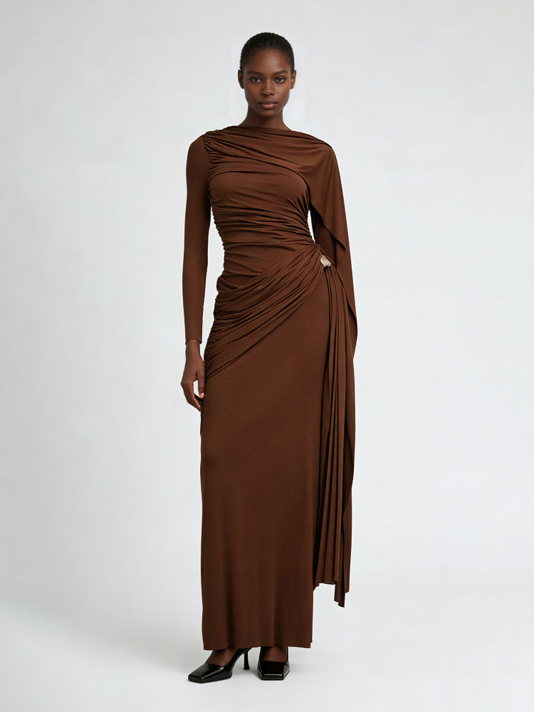 TWOTWINSTYLE Solid Round Neck Patchwork Lace Up Slimming Dress - BROWN