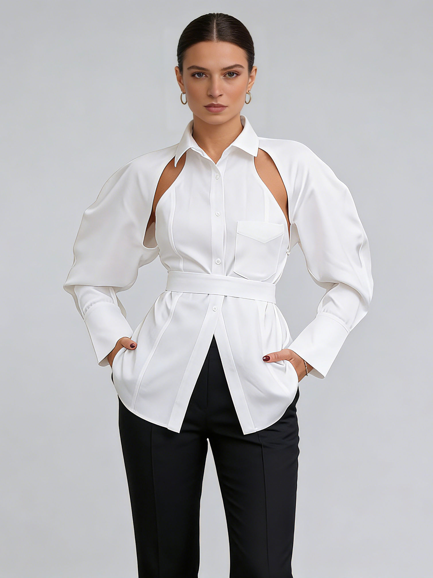 TWOTWINSTYLE Lapel Long Sleeve Hollow Out Tunic Designer Shirt