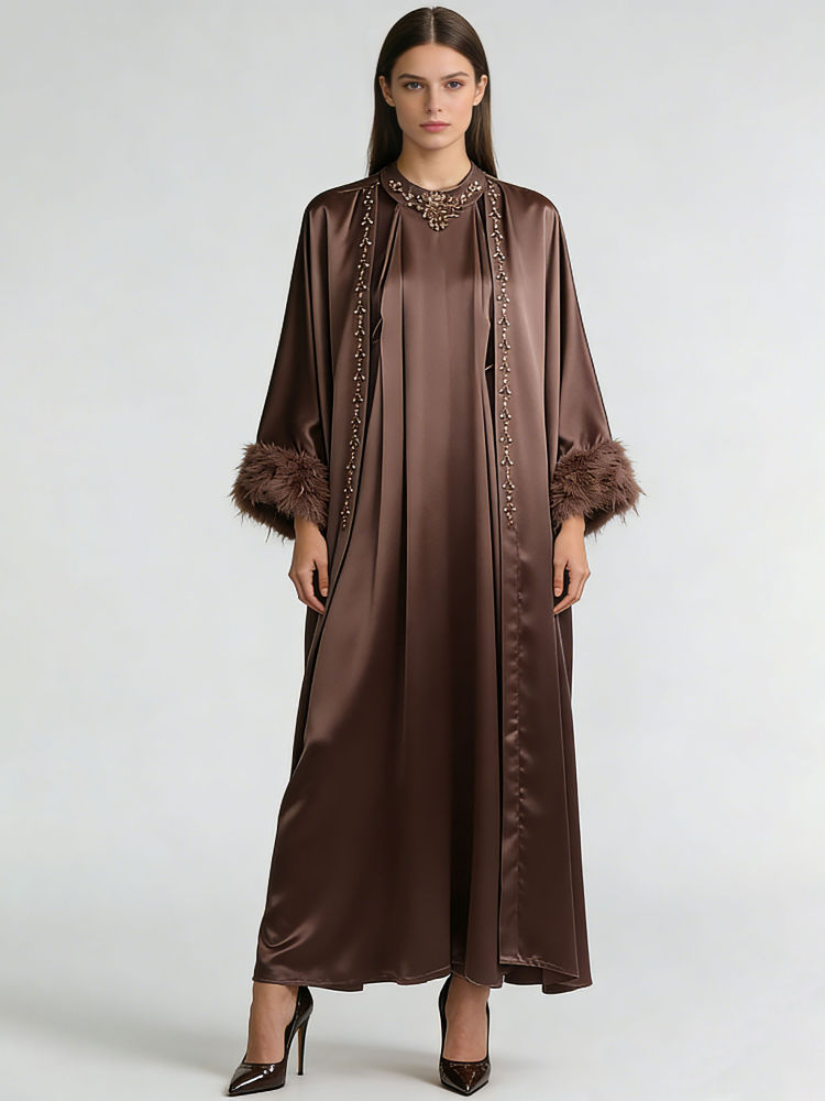 TWOTWINSTYLE Long Sleeve Spliced Fur Coat Round Neck Patchwork Diamond Dress Elegant Set