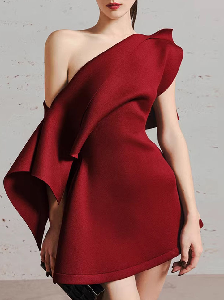 TWOTWINSTYLE Off One Shoulder Tunic Spliced Big Ruffles Vintage Dress