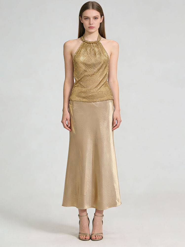 TWOTWINSTYLE Off Shoulder Spliced Sequins Top Solid High Waist Skirt Designer Dress