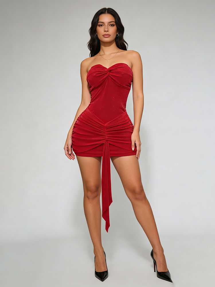 TWOTWINSTYLE Patchwork Lace Up Ruched Minimalist Strapless Dress
