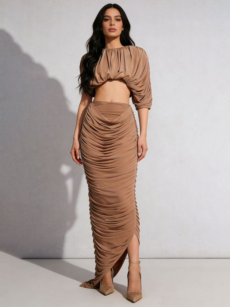 TWOTWINSTYLE Round Neck Crop Top High Waist Ruched Vintage Set