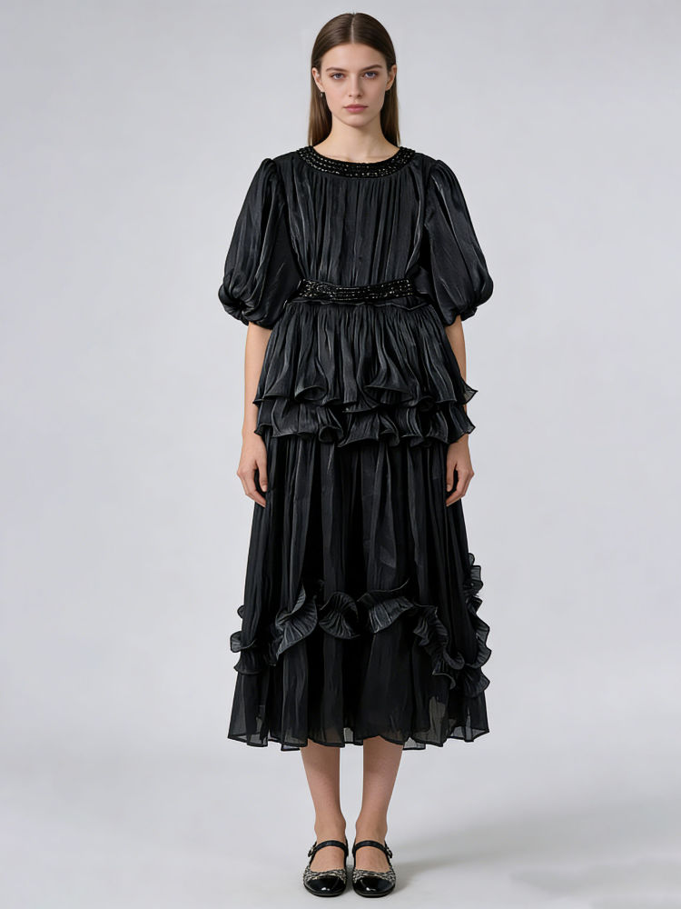 TWOTWINSTYLE Round Neck Puff Sleeve Patchwork Ruffles Chic Dress