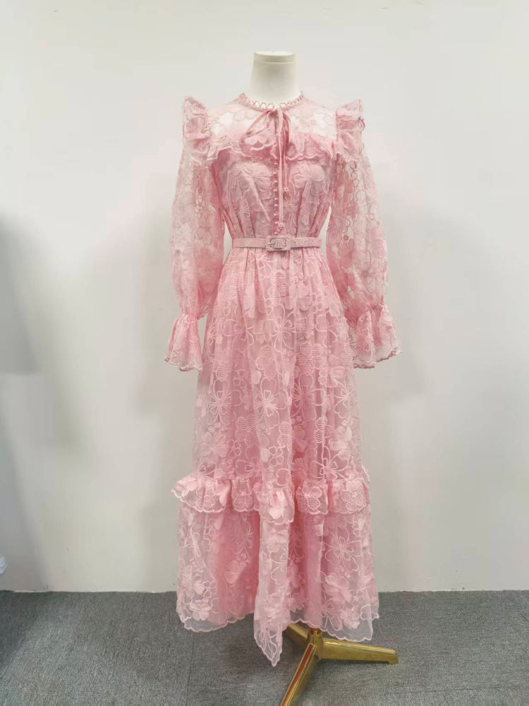 TWOTWINSTYLE Stand Collar Bell Sleeve Patchwork Ruffles Fashion Dress
