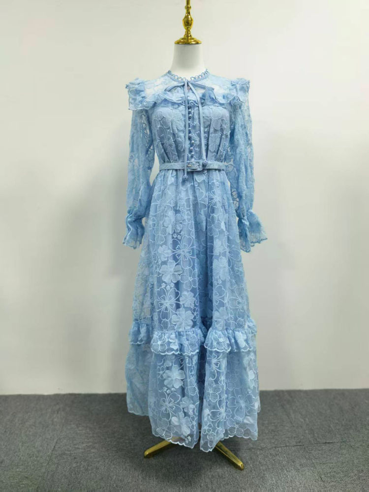 TWOTWINSTYLE Stand Collar Bell Sleeve Patchwork Ruffles Fashion Dress