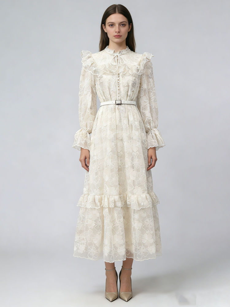 TWOTWINSTYLE Stand Collar Bell Sleeve Patchwork Ruffles Fashion Dress