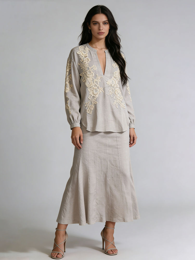 TWOTWINSTYLE Long Sleeve V Neck Spliced Lace Top Loose Skirt Designer Set