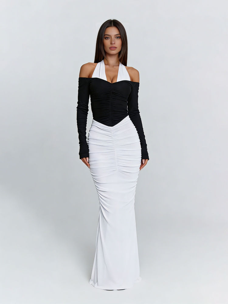 TWOTWINSTYLE Off Shoulder Hit Color Pleated Slimming Dress