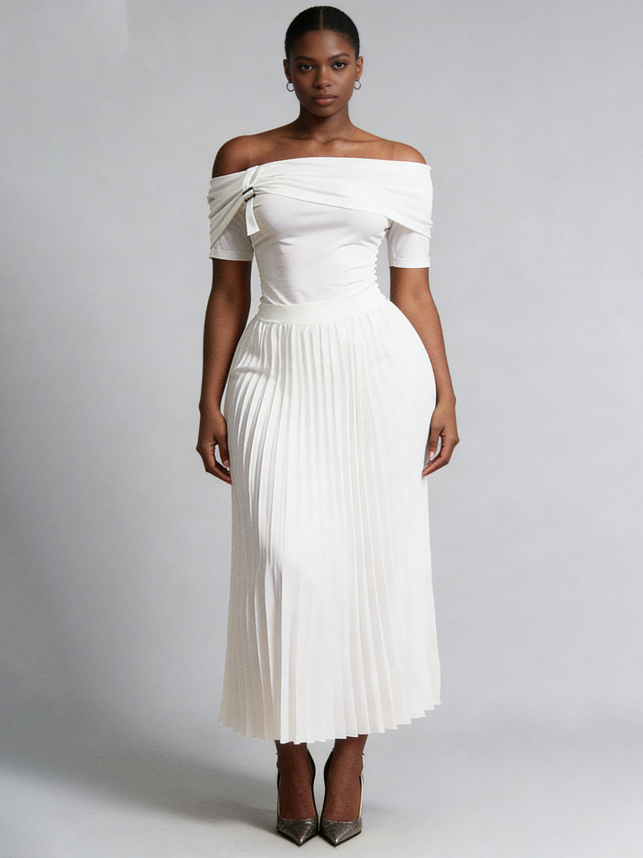 TWOTWINSTYLE Solid Off Shoulder Top High Waist Skirt Fashion Set