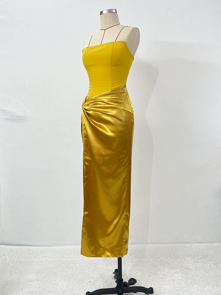 TWOTWINSTYLE Spliced Satin Off Shoulder Minimalist Dress