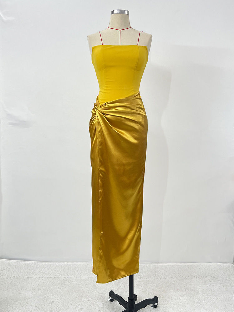 TWOTWINSTYLE Spliced Satin Off Shoulder Minimalist Dress
