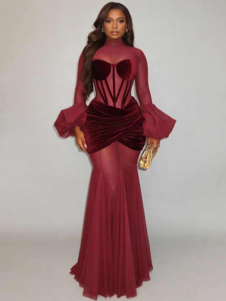 TWOTWINSTYLE Stand Collar Bell Sleeve Patchwork Mesh Chic Dress
