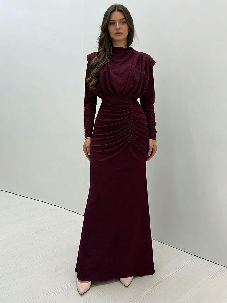 TWOTWINSTYLE Stand Collar Long Sleeve Ruched Vintage Dress